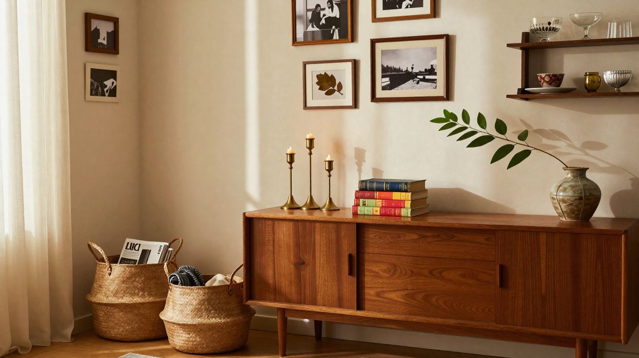 Aparador de madeira com livros, castiçais, vasos, cestos de palha e quadros em parede clara.