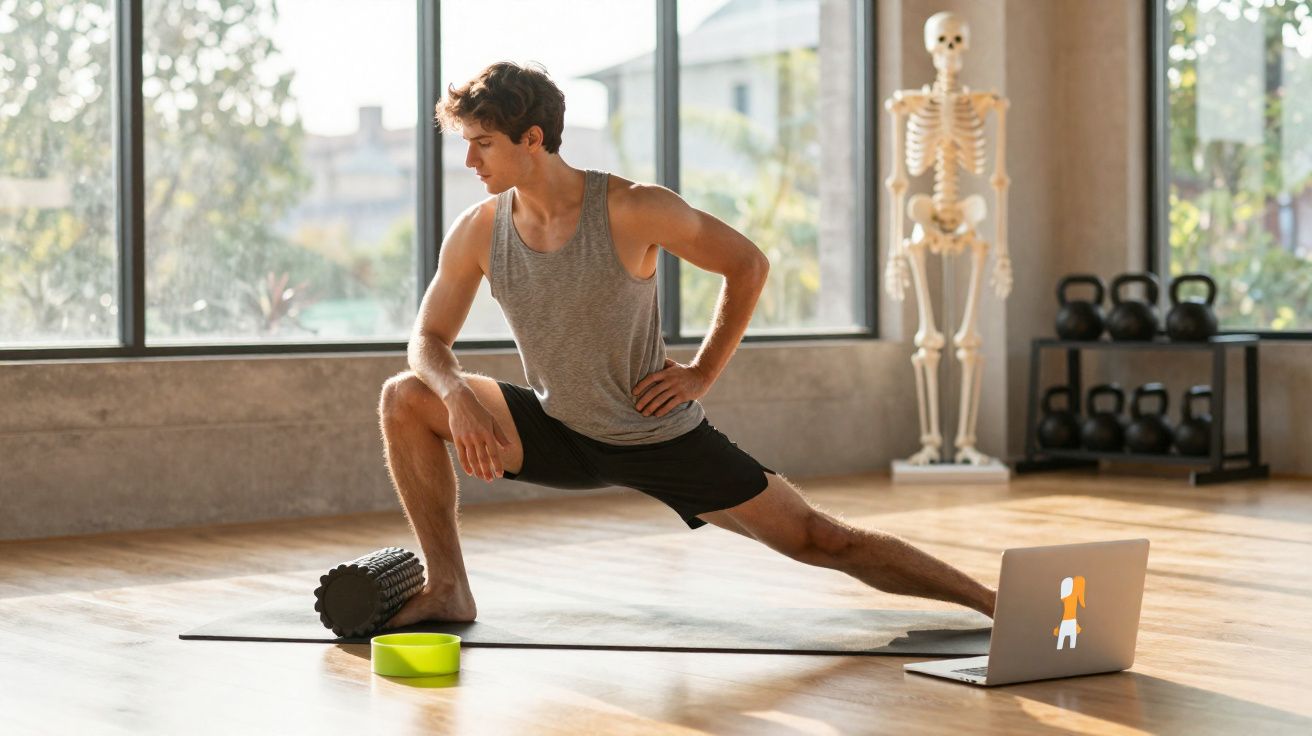 Homem faz alongamento com espuma de massagem em estúdio de pilates com laptop e esqueleto ao fundo.