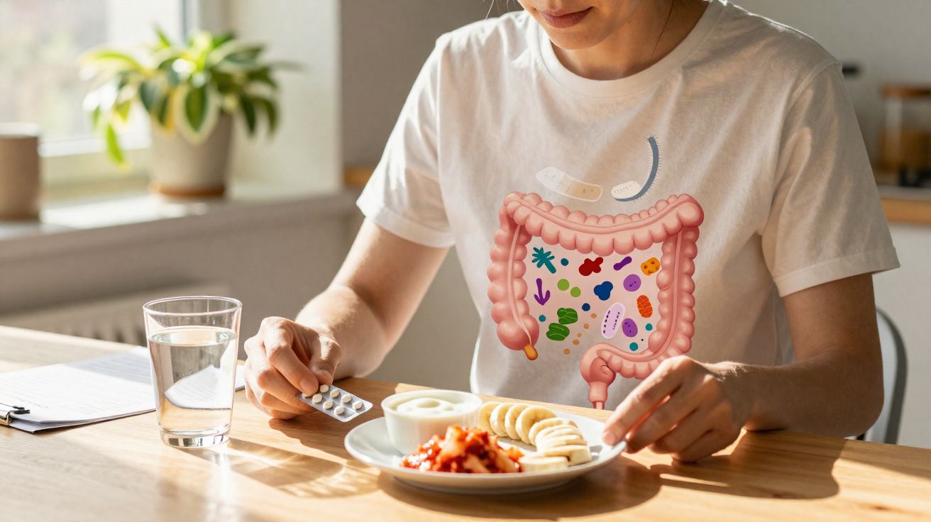 Pessoa com camiseta ilustrando intestino e probióticos, segurando remédios e com prato de comida saudável.