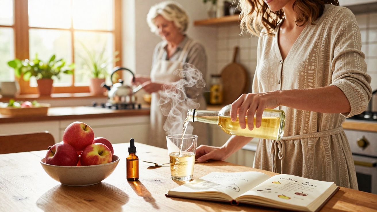Mulher servindo chá quente com livro aberto e maçãs na mesa, outra mulher ao fundo na cozinha.