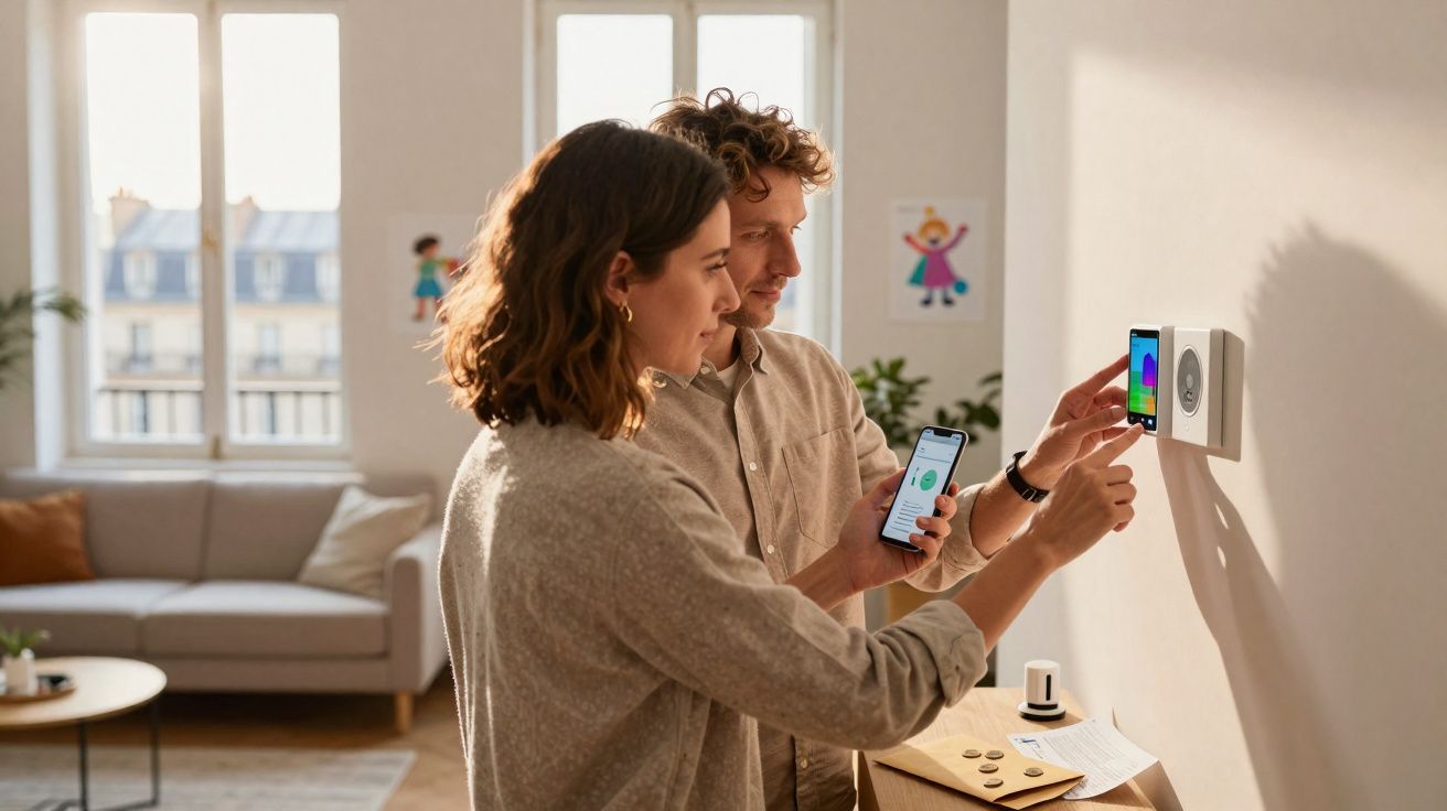 Casal ajusta o termostato digital na parede enquanto monitora o app de controle de temperatura no celular.