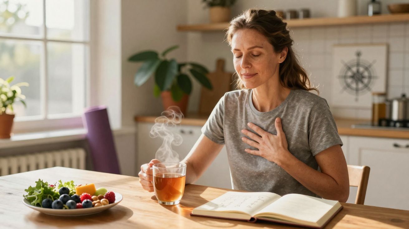 Mulher sentada à mesa com chá, lendo livro e segurando a mão no peito em ambiente iluminado.