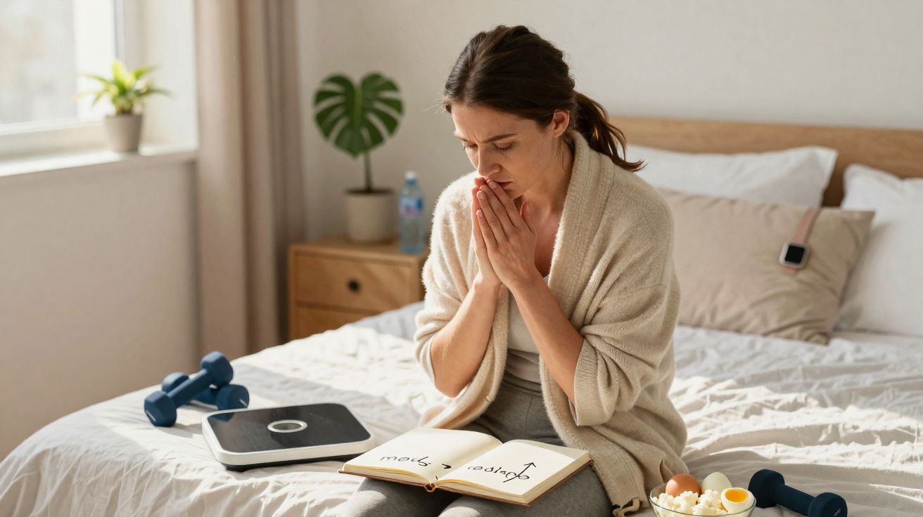 Mulher sentada na cama lendo livro de receitas, com halteres, balança e alimentos saudáveis ao redor.