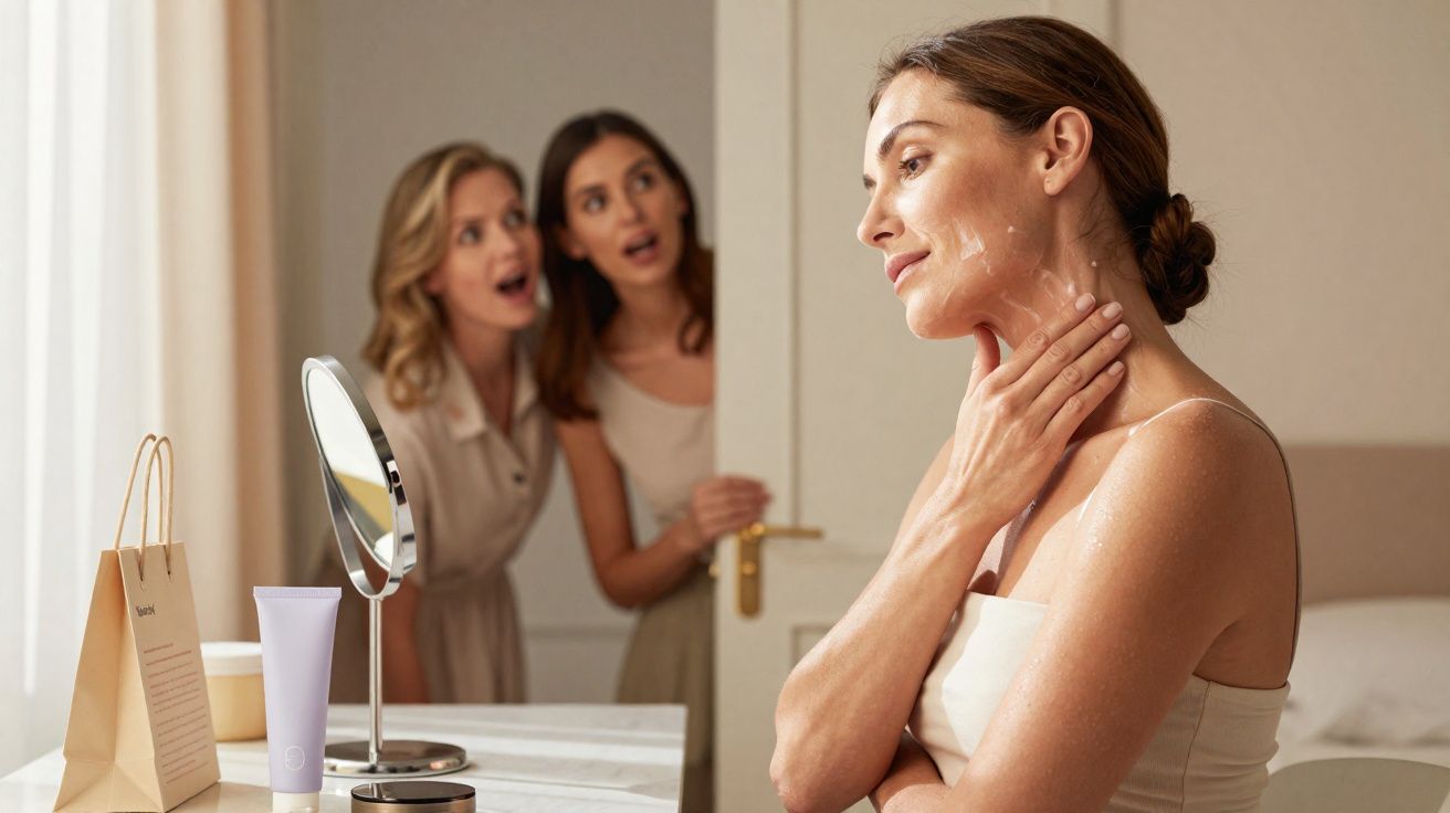 Mulher aplicando creme no pescoço em frente ao espelho, enquanto duas outras observam surpresas na porta.