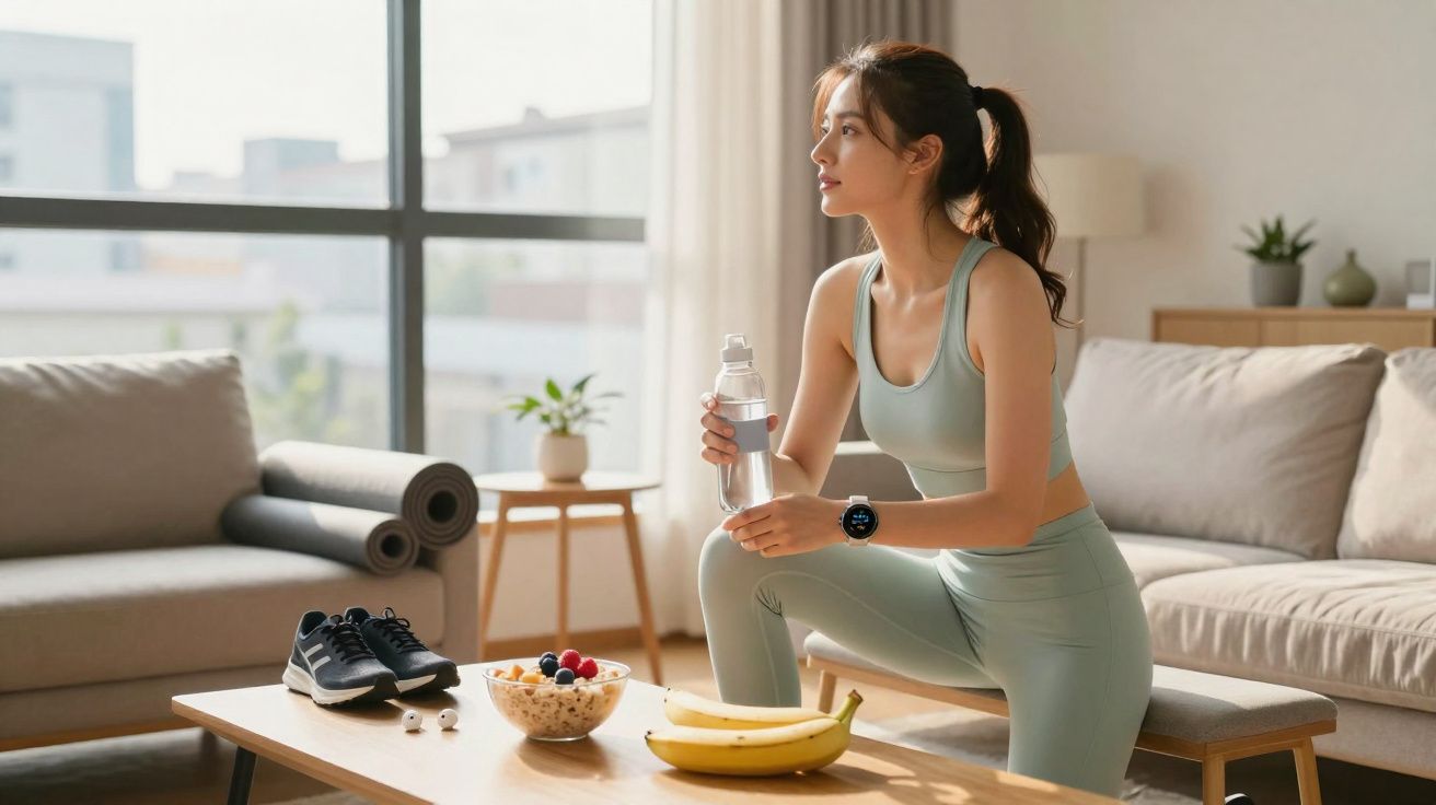 Mulher em roupas fitness segurando garrafa de água, sentada em banco na sala com frutas e tênis na mesa.