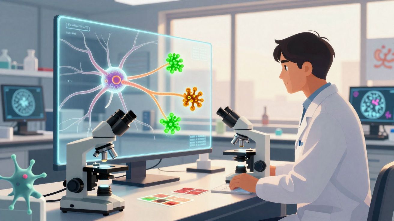 Cientista em laboratório analisando neurônio e vírus em tela holográfica, com microscópios na bancada.