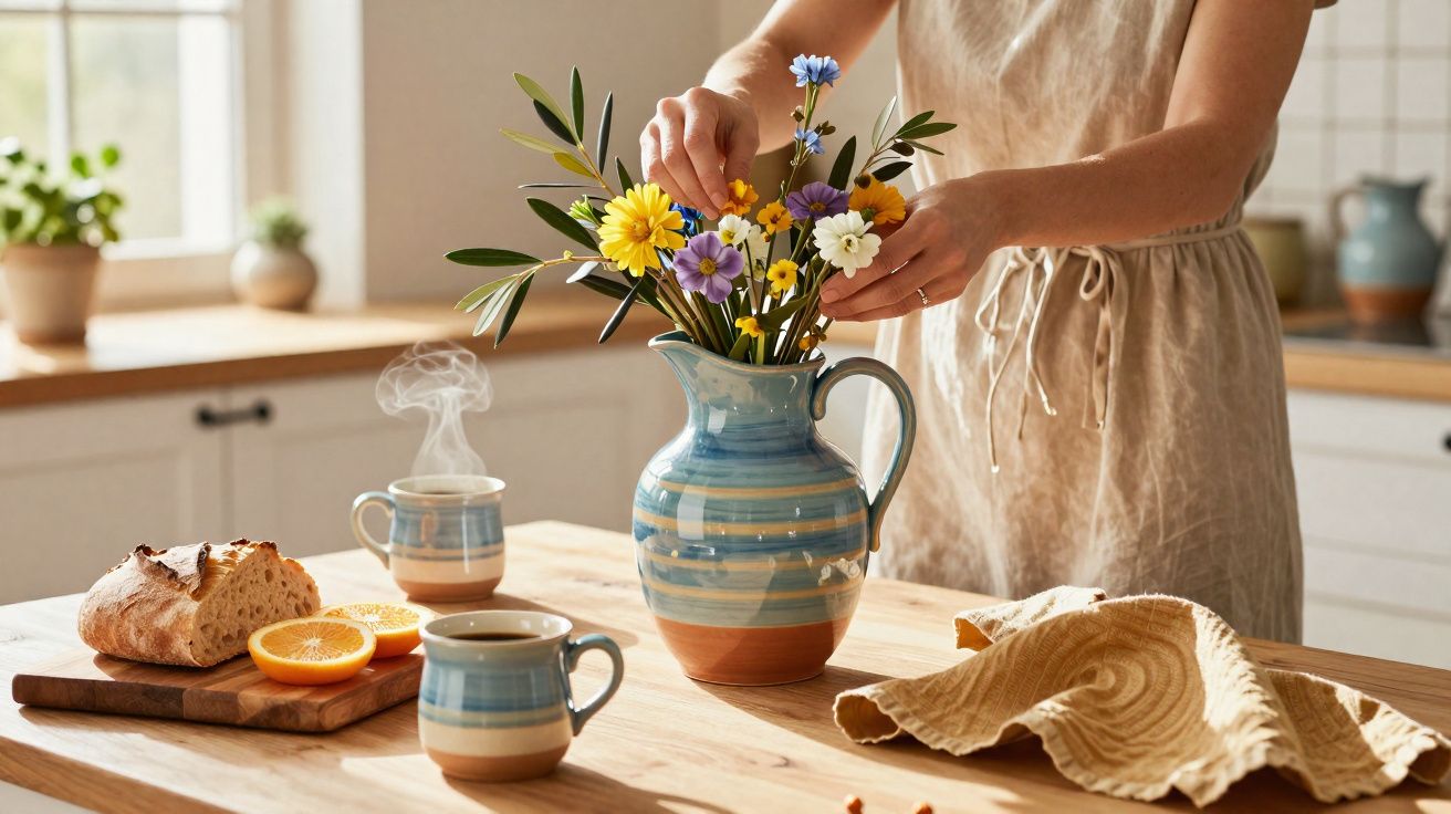 Pessoa arrumando flores em vaso de cerâmica azul na cozinha com pão, laranja e café na mesa de madeira.