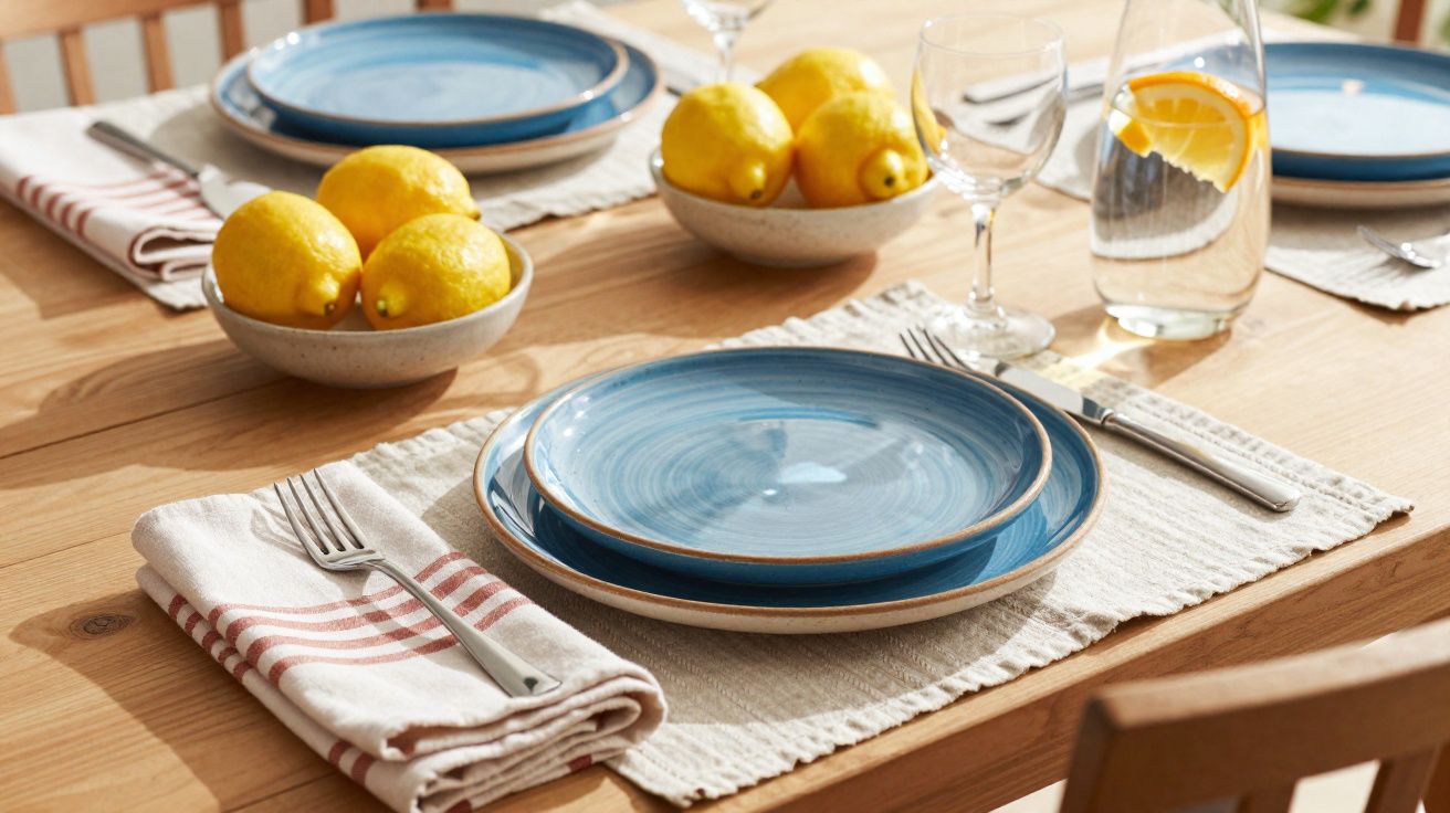 Mesa posta com pratos azuis, talheres, taças, jarra de água com limão e tigelas com limões.