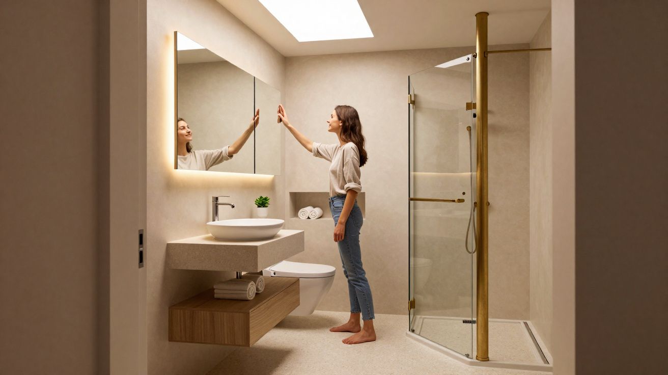 Mulher em banheiro moderno com armário de madeira, pia branca, espelho iluminado e box com acabamento dourado.