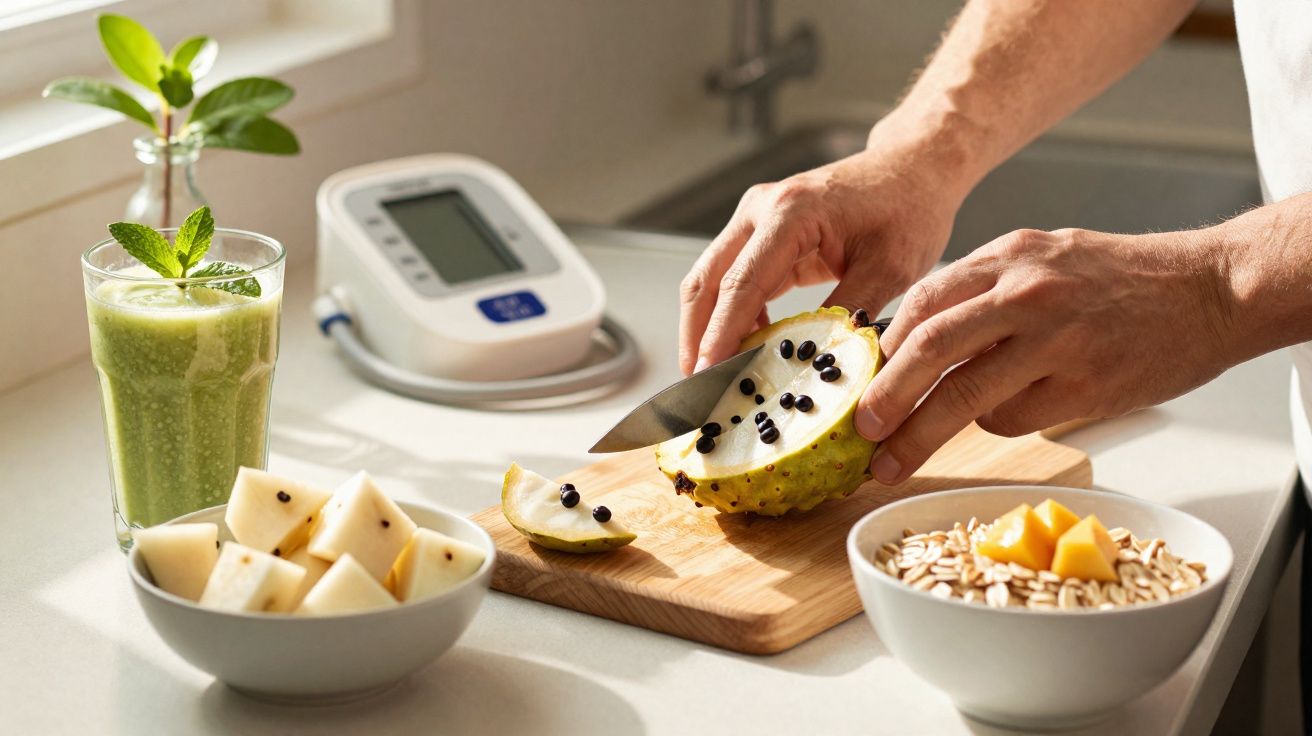 Pessoa cortando fruta amarelo-esverdeada em tábua com tigelas de frutas, suco verde e medidor de pressão ao fundo.