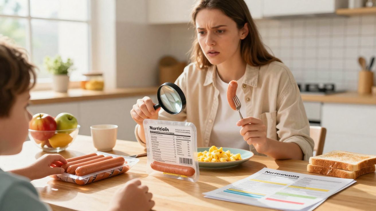 Mulher analisando informação nutricional de salsicha com lupa enquanto criança observa na cozinha.