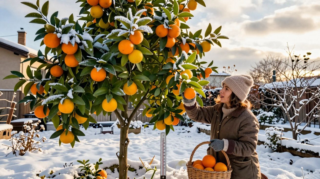 Mulher colhendo laranjas em árvore com neve no chão em jardim residencial no inverno.