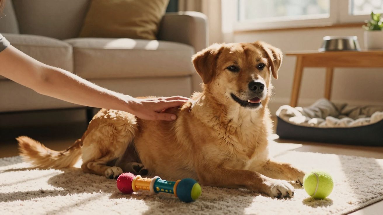 Cachorro dourado deitado em tapete com brinquedos, sendo acariciado dentro de sala iluminada.