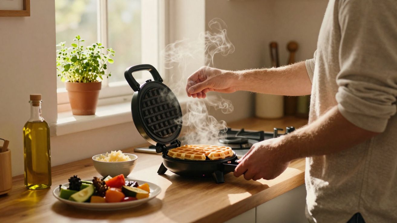 Pessoa preparando waffles quentes em máquina elétrica na cozinha com frutas e azeite na bancada.
