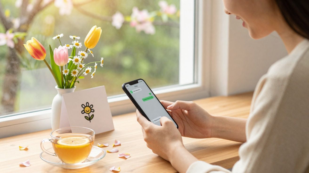 Pessoa segurando smartphone com mensagem, ao lado de xícara de chá, flor em vaso e cartão com desenho de flor.