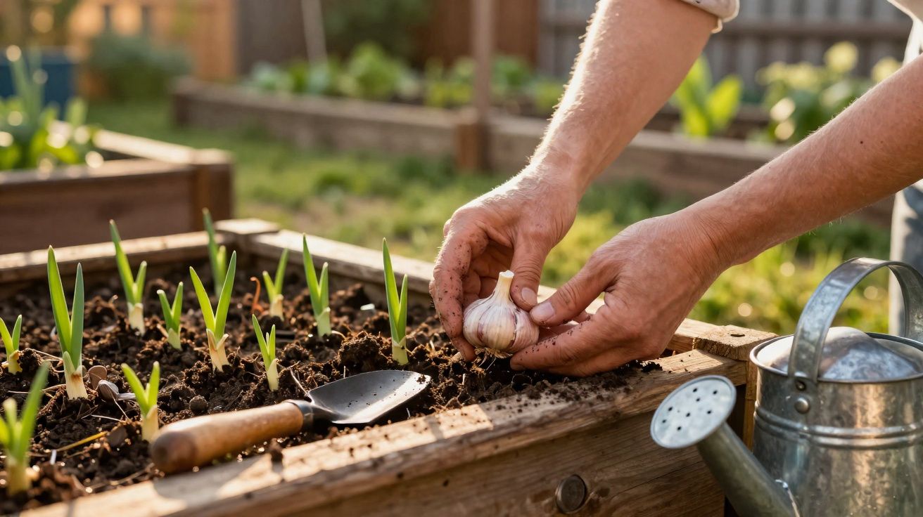 Mãos plantando alho em canteiro de madeira com regador e pá de jardinagem ao lado.