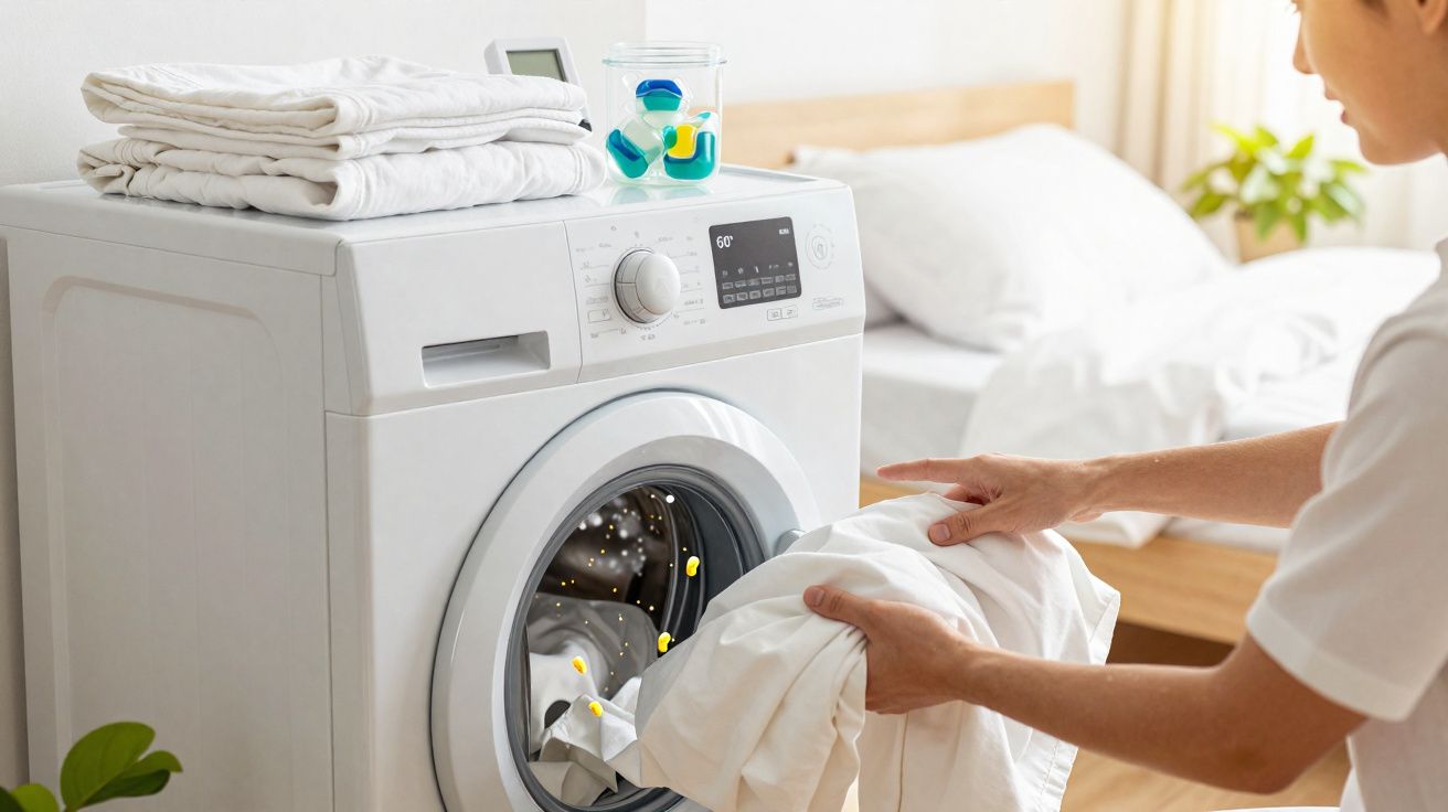 Pessoa colocando roupa branca na máquina de lavar roupas em ambiente claro e organizado.