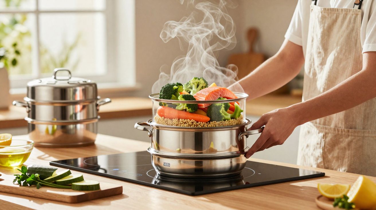 Pessoa cozinhando legumes e salmão no vapor em panela sobre fogão elétrico em cozinha iluminada.