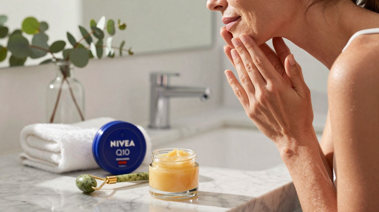 Mulher aplicando creme facial Nivea Q10 no rosto em bancada de banheiro com toalha e rolo massageador.