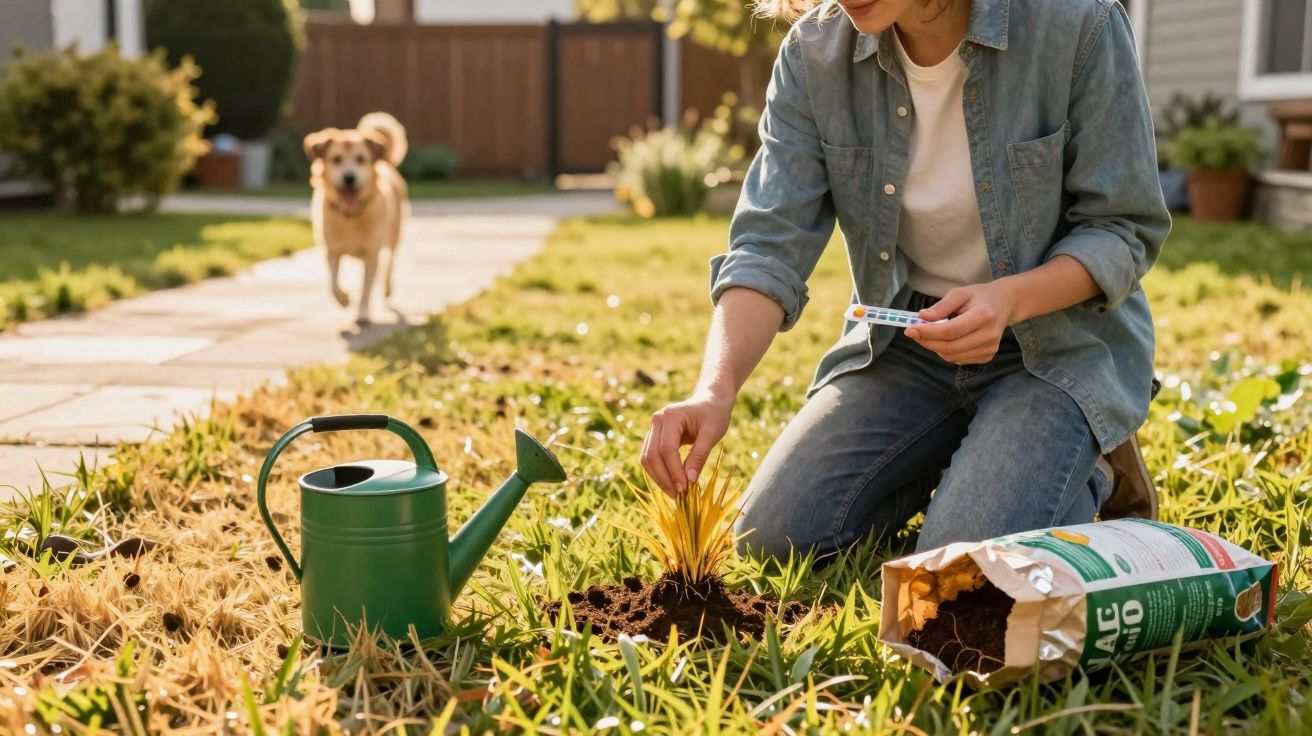 Pessoa regando planta amarela no jardim com regador verde, saco de adubo e cachorro ao fundo.