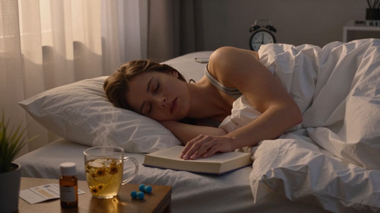Mulher dormindo na cama com livro, chá, remédios e despertador ao lado no criado-mudo.