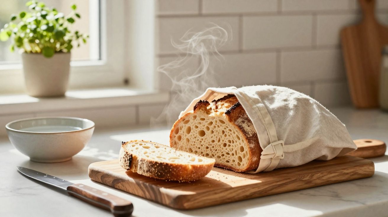 Pão artesanal fresco com vapor sobre tábua de corte de madeira em bancada iluminada por janela.