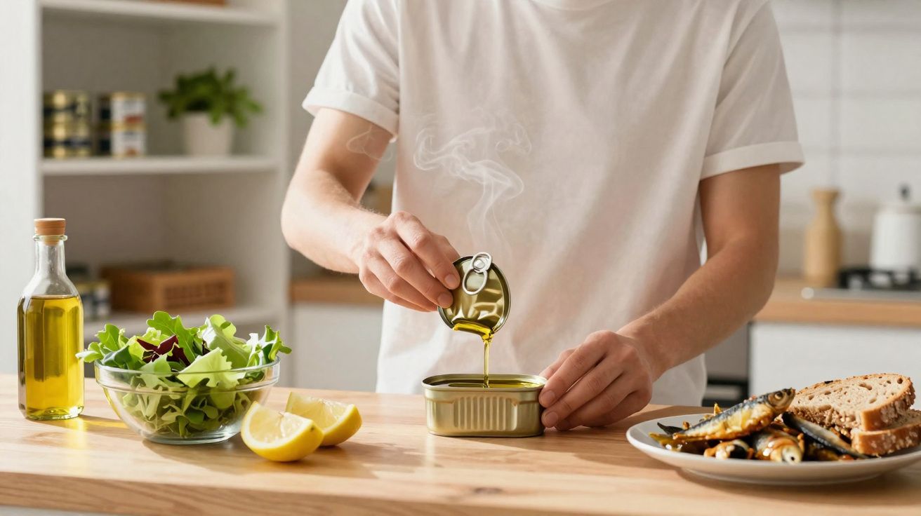 Pessoa abrindo lata de sardinha, com salada, limão, azeite e pão em bancada na cozinha.