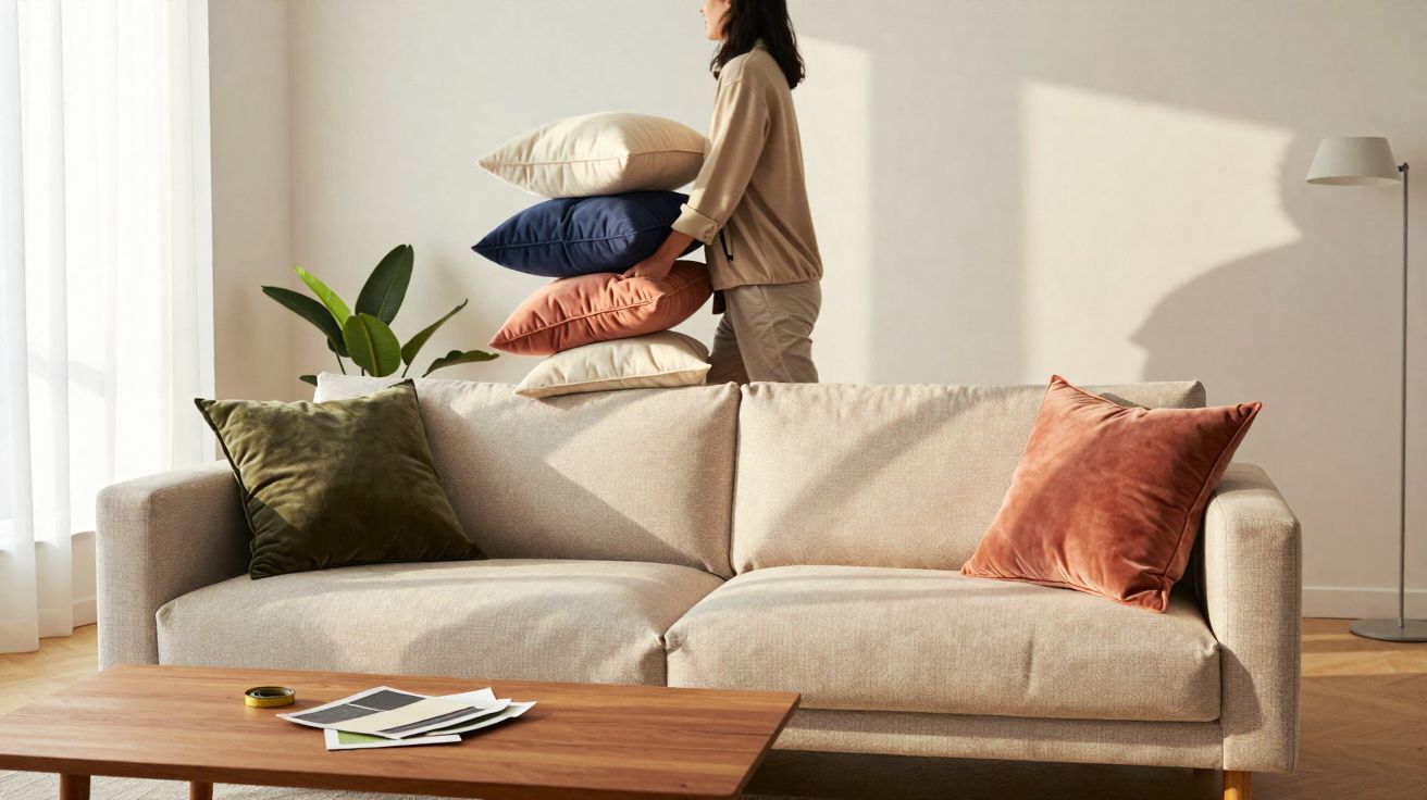 Pessoa arrumando almofadas coloridas em sala com sofá bege, mesa de madeira, planta e luminária.