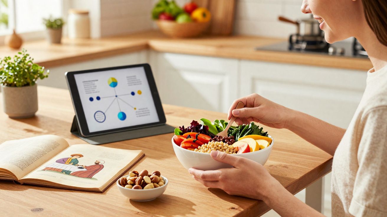 Pessoa comendo salada em tigela, com tablet e livro abertos sobre mesa de madeira em cozinha.