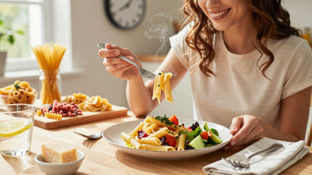 Mulher sorrindo segurando garfo com macarrão e prato com salada e macarrão na mesa.