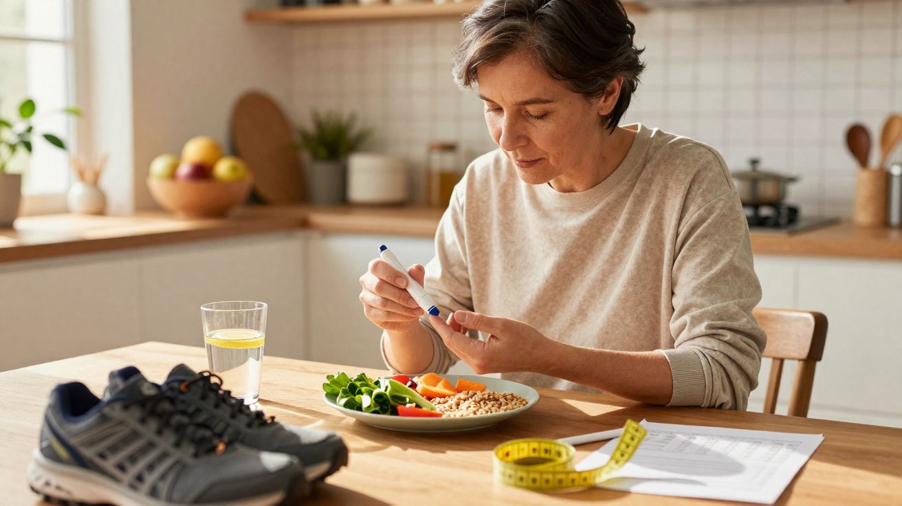 Mulher fazendo teste de glicose no sangue enquanto está à mesa com comida saudável e objetos de medição.