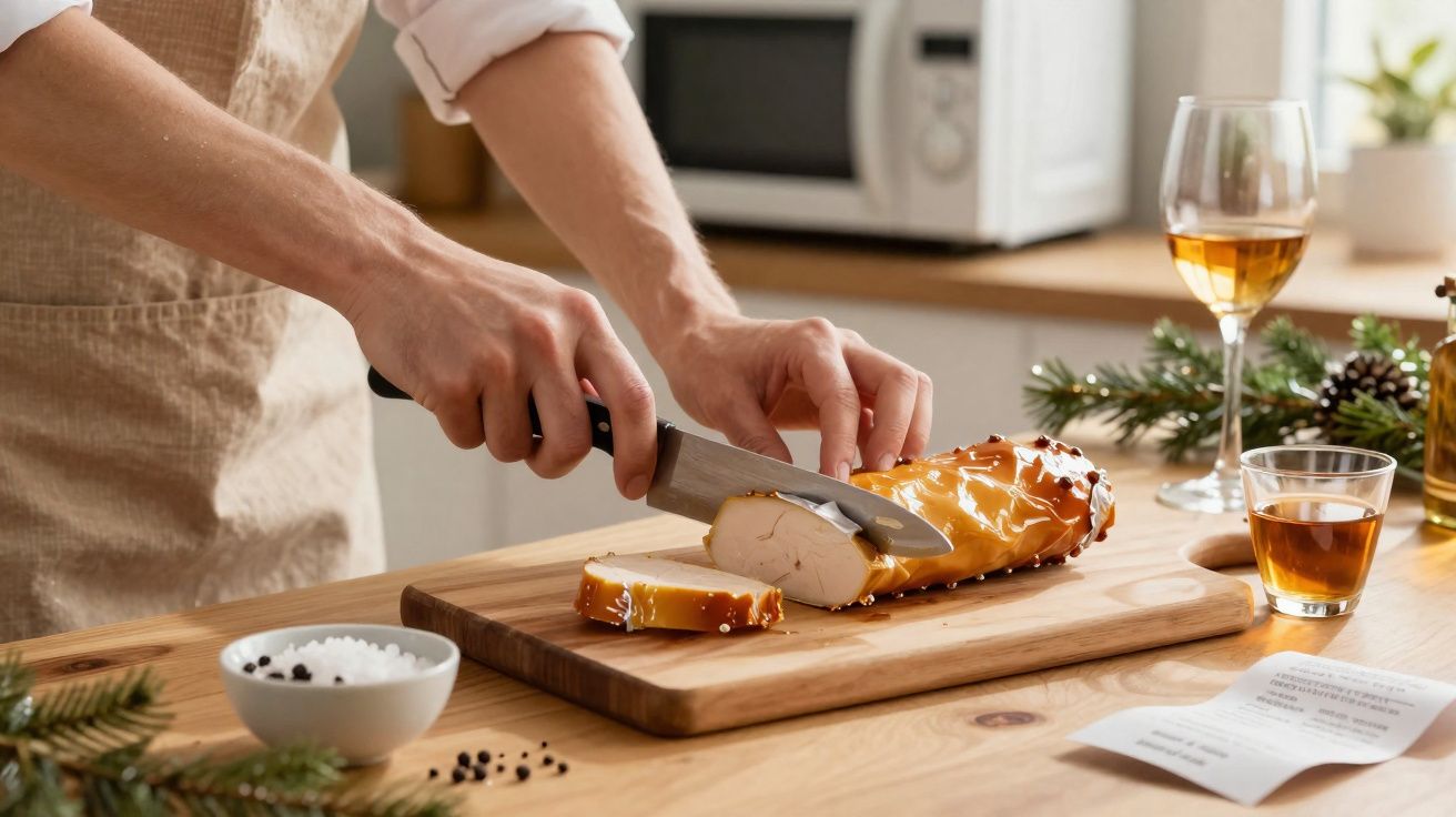 Pessoa fatiando peito de peru defumado em tábua de madeira na cozinha decorada para o Natal.