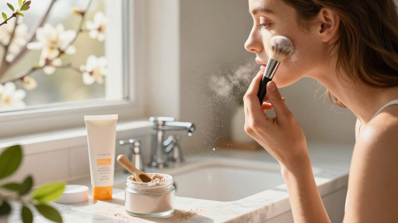 Mulher aplicando pó facial com pincel em frente ao espelho no banheiro iluminado por luz natural.