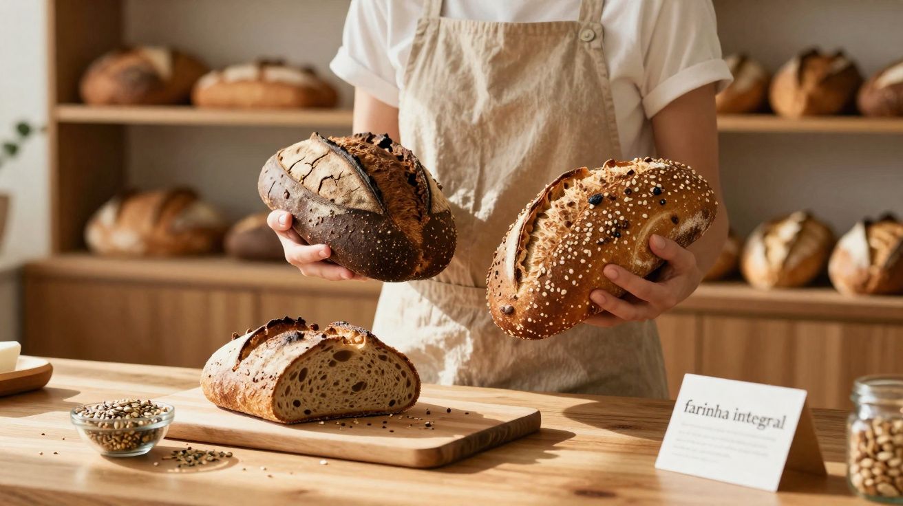 Pessoa segurando dois pães artesanais em bancada com pão fatiado e placa escrito farinha integral.