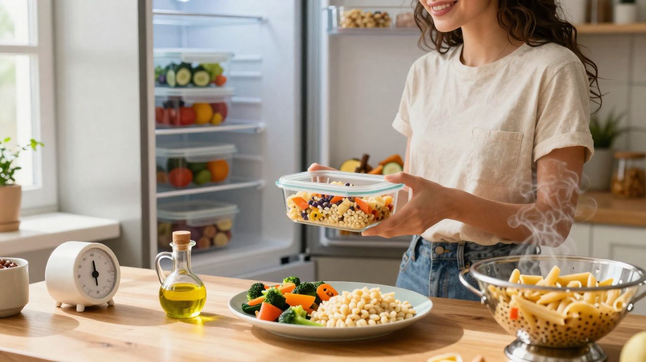 Mulher preparando salada saudável com legumes e grãos na cozinha clara e organizada.