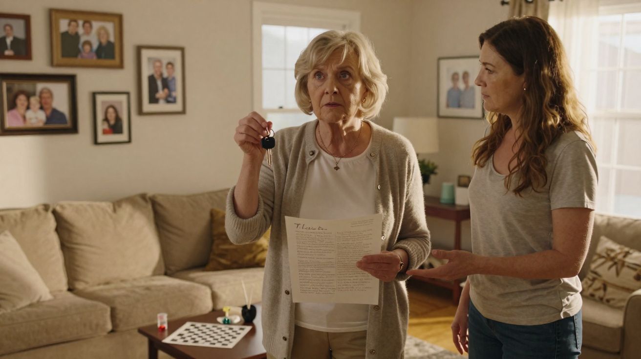 Mulher idosa segurando chaves e carta, com mulher mais jovem conversando dentro de sala de estar.