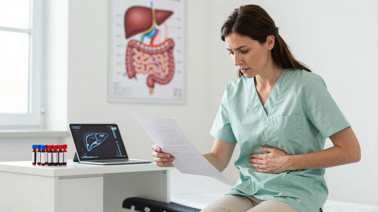 Mulher com uniforme médico sentada, segurando documento e com a mão na barriga, em consultório clínico.