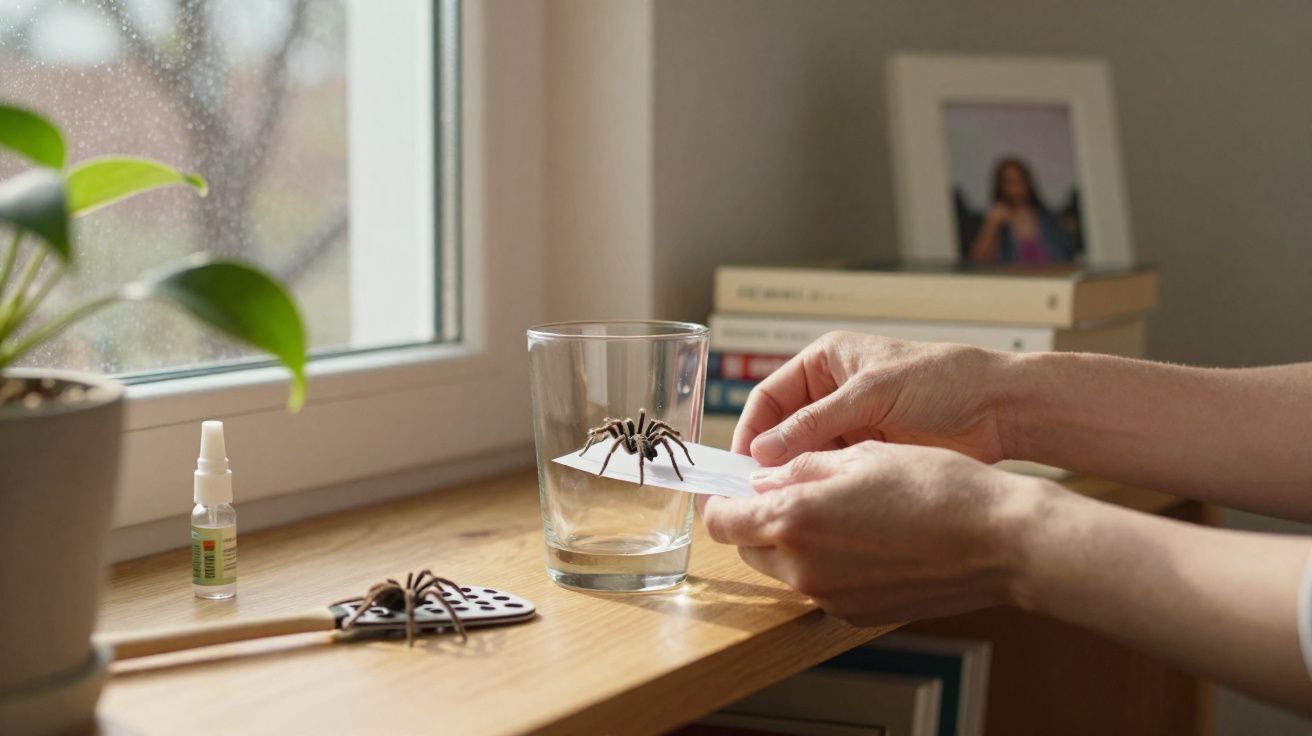 Pessoa capturando aranha com copo de vidro sobre mesa perto de janela em ambiente interno.