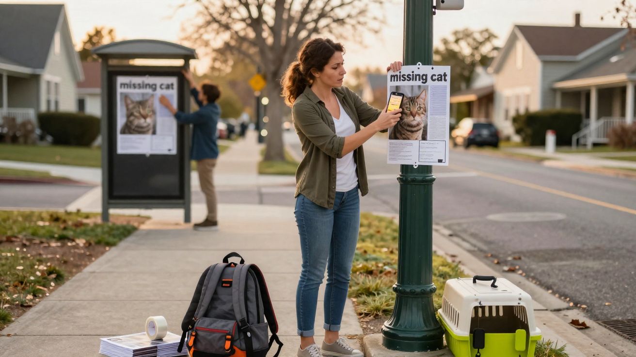 Mulher fixando cartaz de gato perdido em poste na calçada de bairro residencial ao pôr do sol.