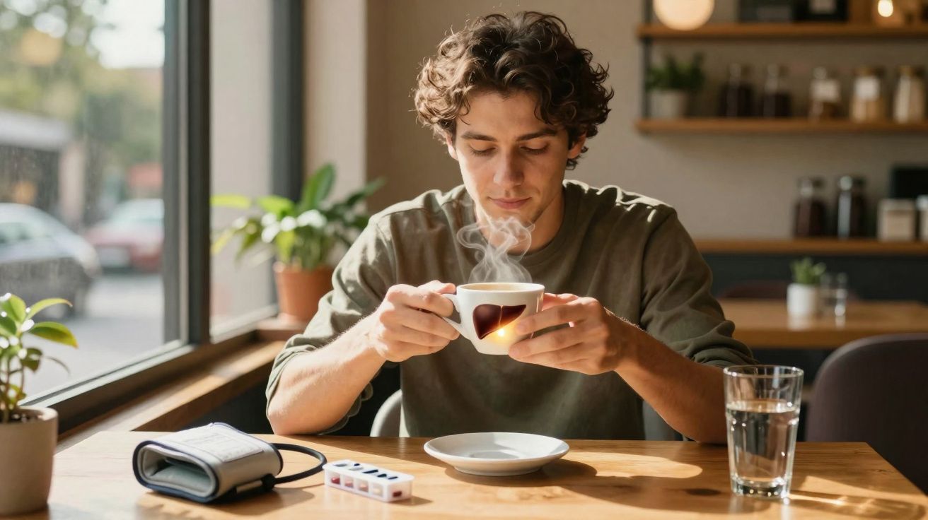 Jovem sentado à mesa segurando xícara fumegante de café em ambiente iluminado por janela.