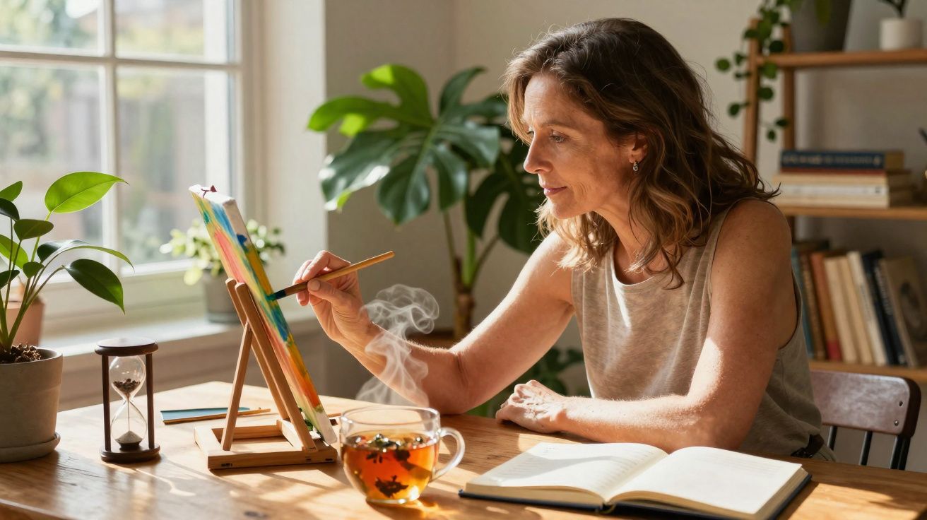 Mulher pintando em cavalete ao lado de xícara de chá e livro aberto em mesa iluminada pela luz natural.