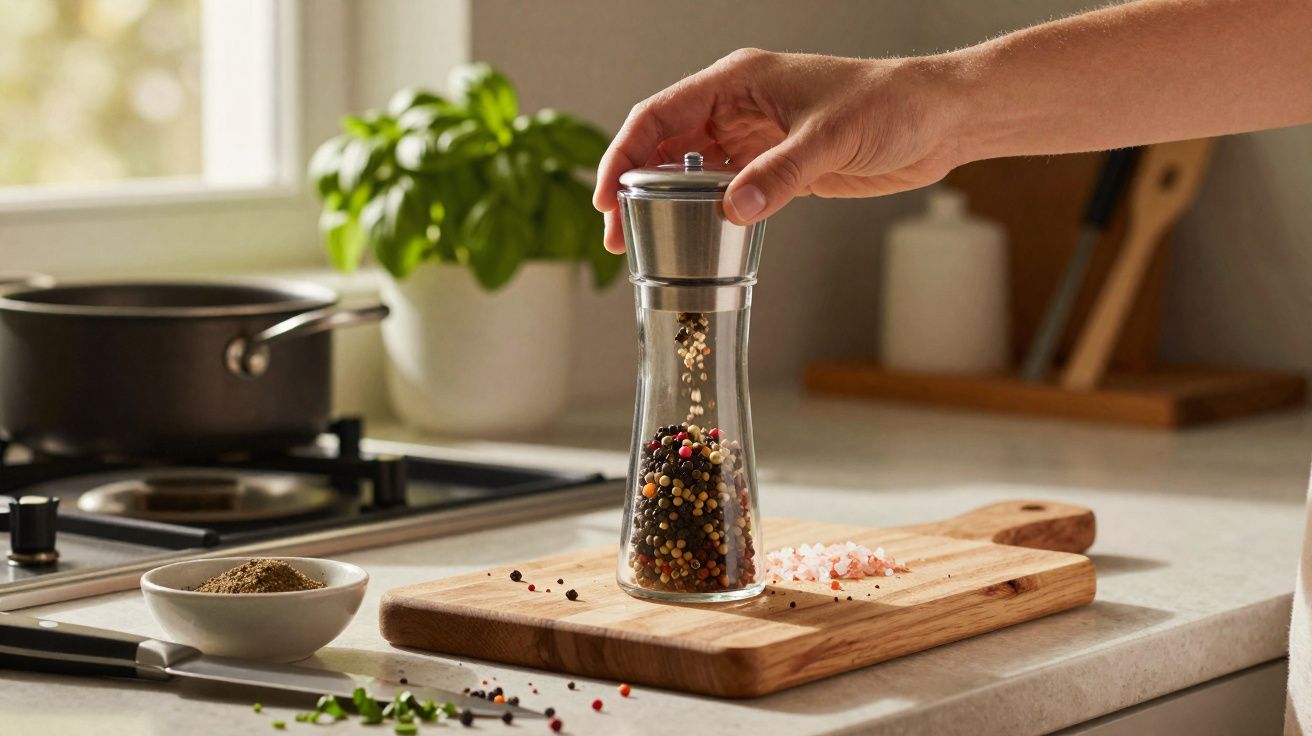 Mão moendo pimenta em moedor de vidro sobre tábua com sal rosa e especiarias em cozinha iluminada.