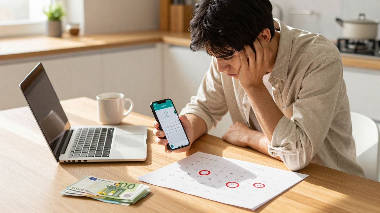 Homem sentado em mesa com laptop, celular, calendário e dinheiro, planejando datas importantes.