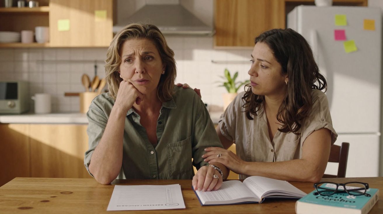 Duas mulheres sentadas à mesa, uma preocupada e a outra oferecendo conforto no ambiente de cozinha.