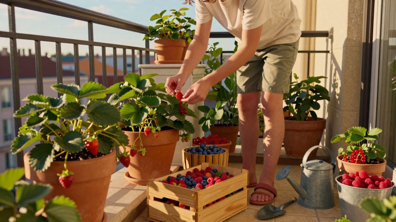 Pessoa colhendo frutas vermelhas em vasos na varanda, com caixa e cesto cheios de frutas variadas.