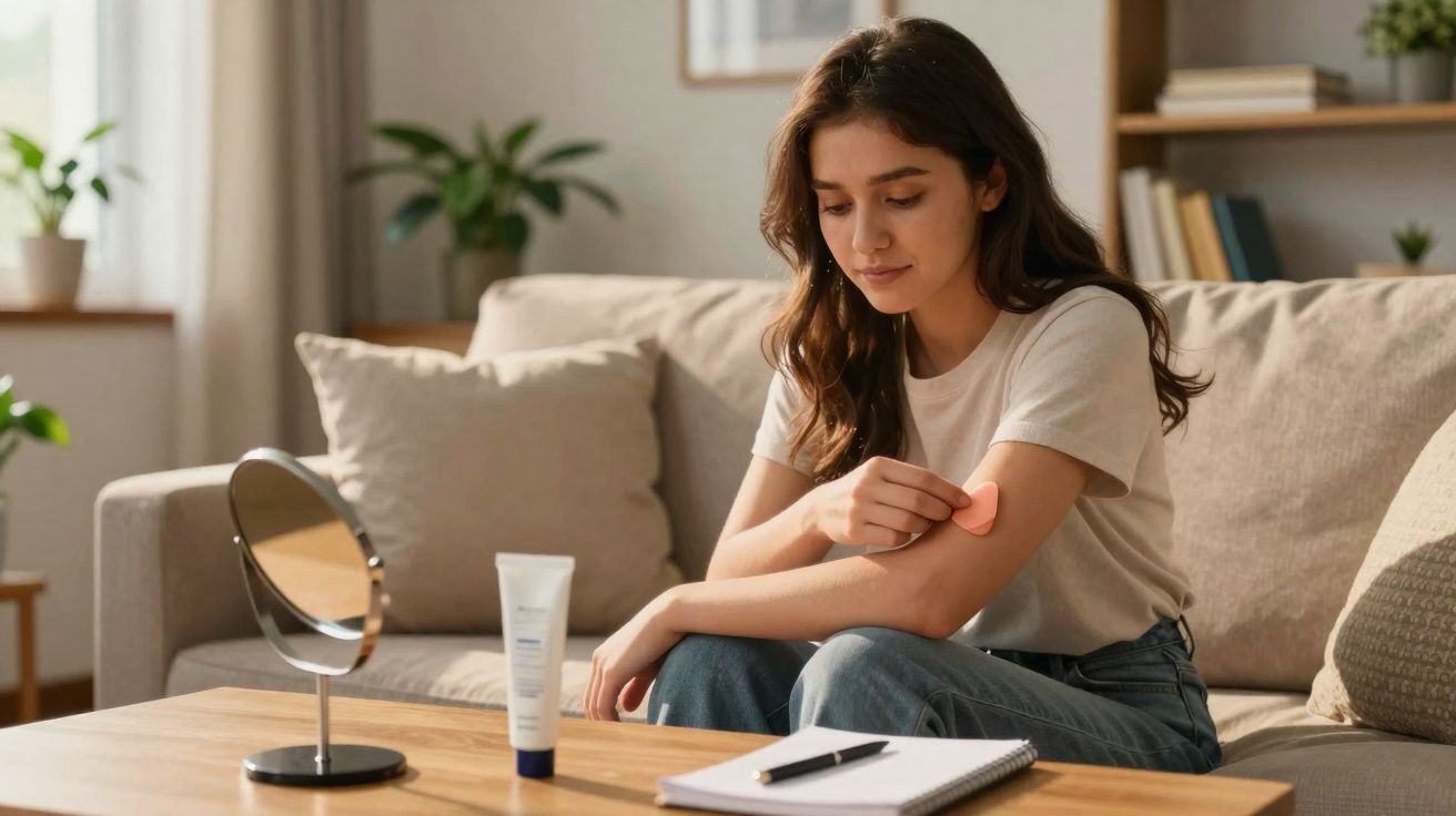 Mulher jovem aplicando adesivo de tratamento na pele do braço, sentada em sofá, com espelho e caderno à frente.