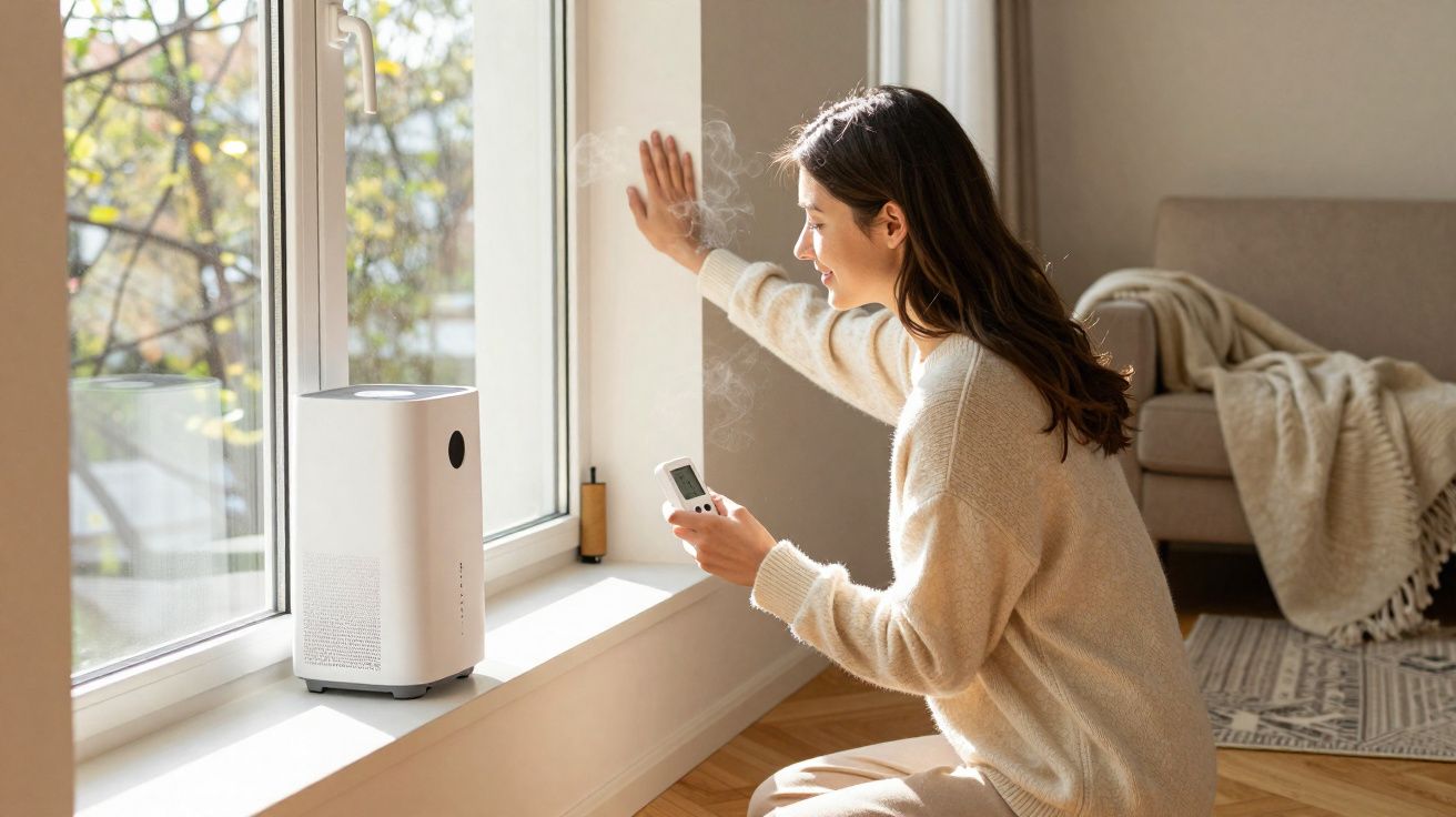 Mulher usando controle remoto perto de um purificador de ar branco em janela ensolarada.