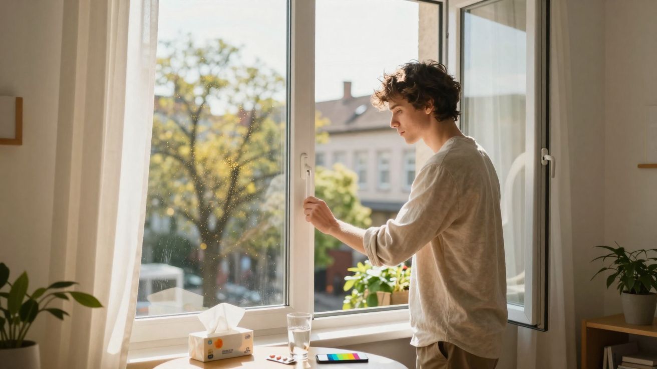 Jovem abre janela para o lado em apartamento iluminado, com plantas, copo de água e caixa de lenços na mesa.