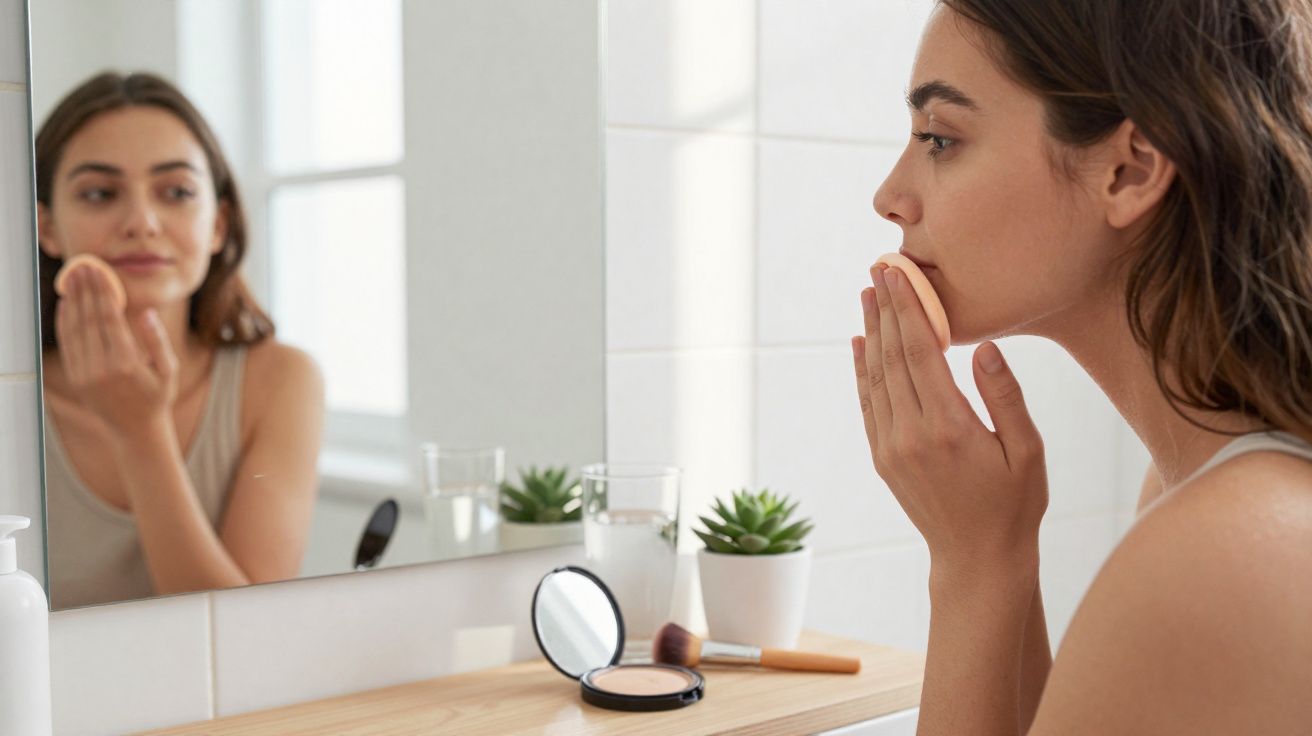 Mulher aplica maquiagem no rosto usando espelho em banheiro com bancada de madeira e plantas pequenas.