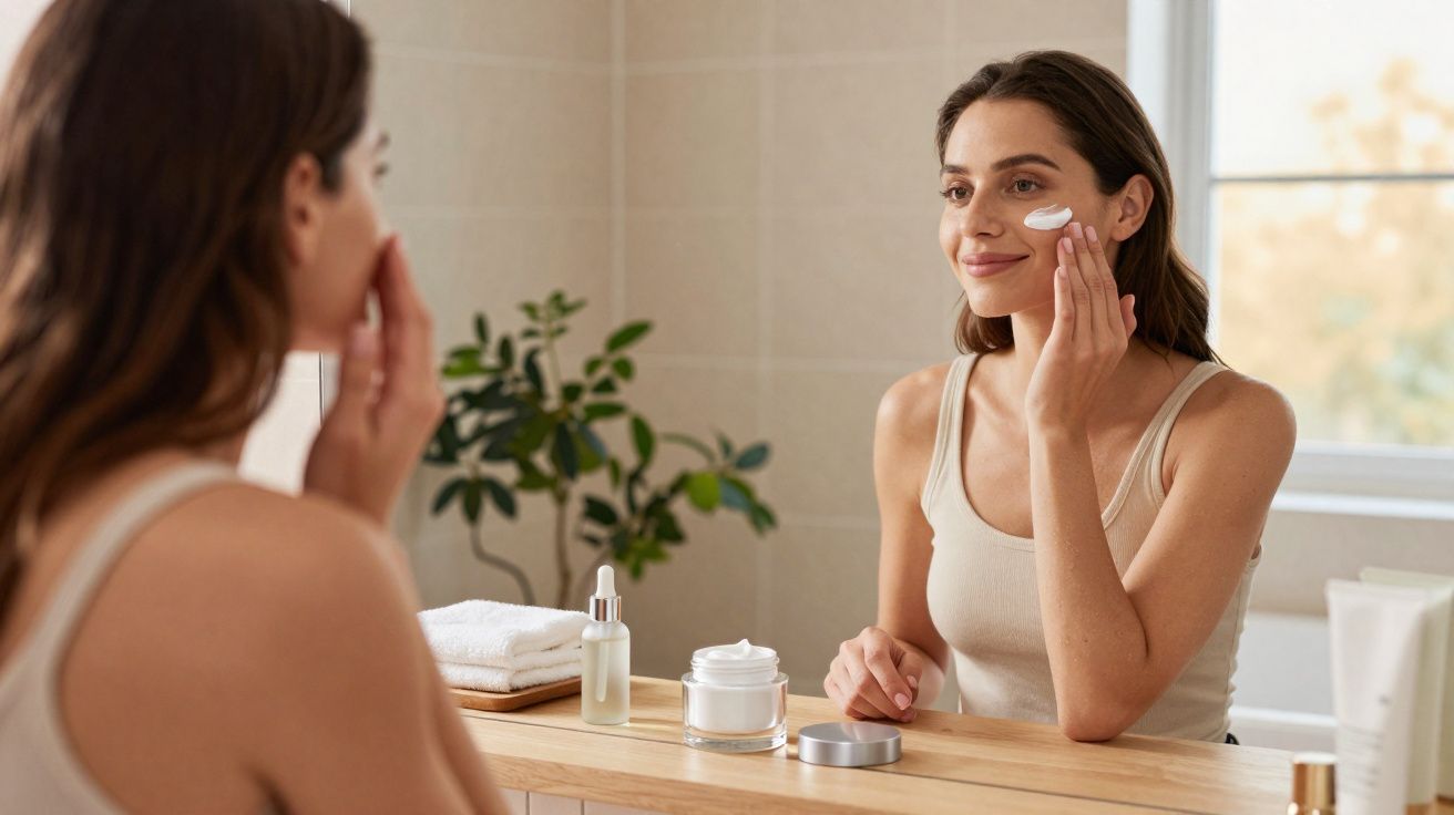 Mulher aplicando creme facial enquanto se olha no espelho em banheiro bem iluminado.